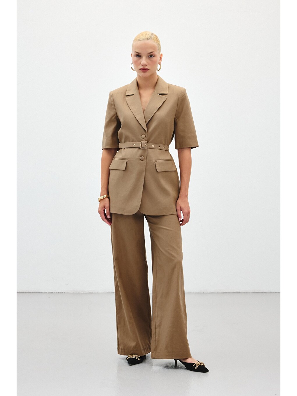 Kahverengi Bol Paça Keten Pantolon - Camel-2