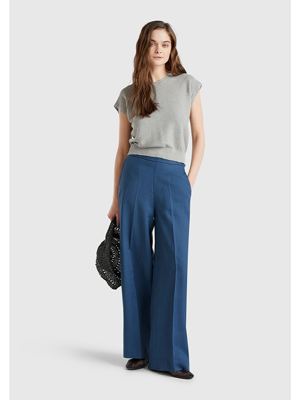 Mavi Kadın Denim %100 Keten Yan Cepli Arka Beli Lastikli Palazzo Pantolon-4