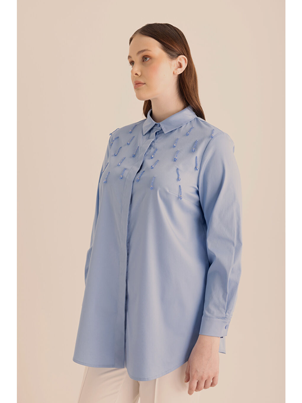 Mavi İşlemeli Pamuk Gömlek-4
