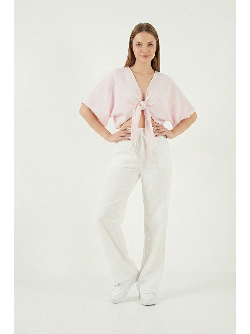 Ekru Pamuklu Bağlamalı Relaxed Fit Yüksek Bel Geniş Paça Kadın Müslim Pantolon 5866663-3