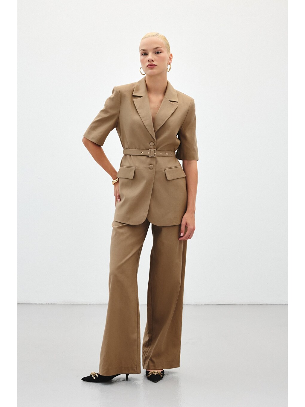 Kahverengi Bol Paça Keten Pantolon - Camel-3