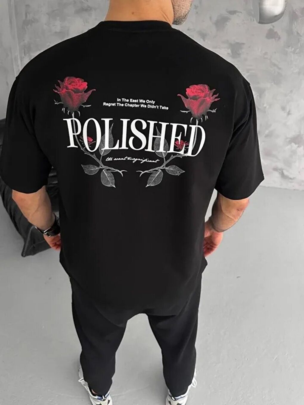 Unisex Bisiklet Yaka Baskılı Oversize T-Shirt - Siyah-1