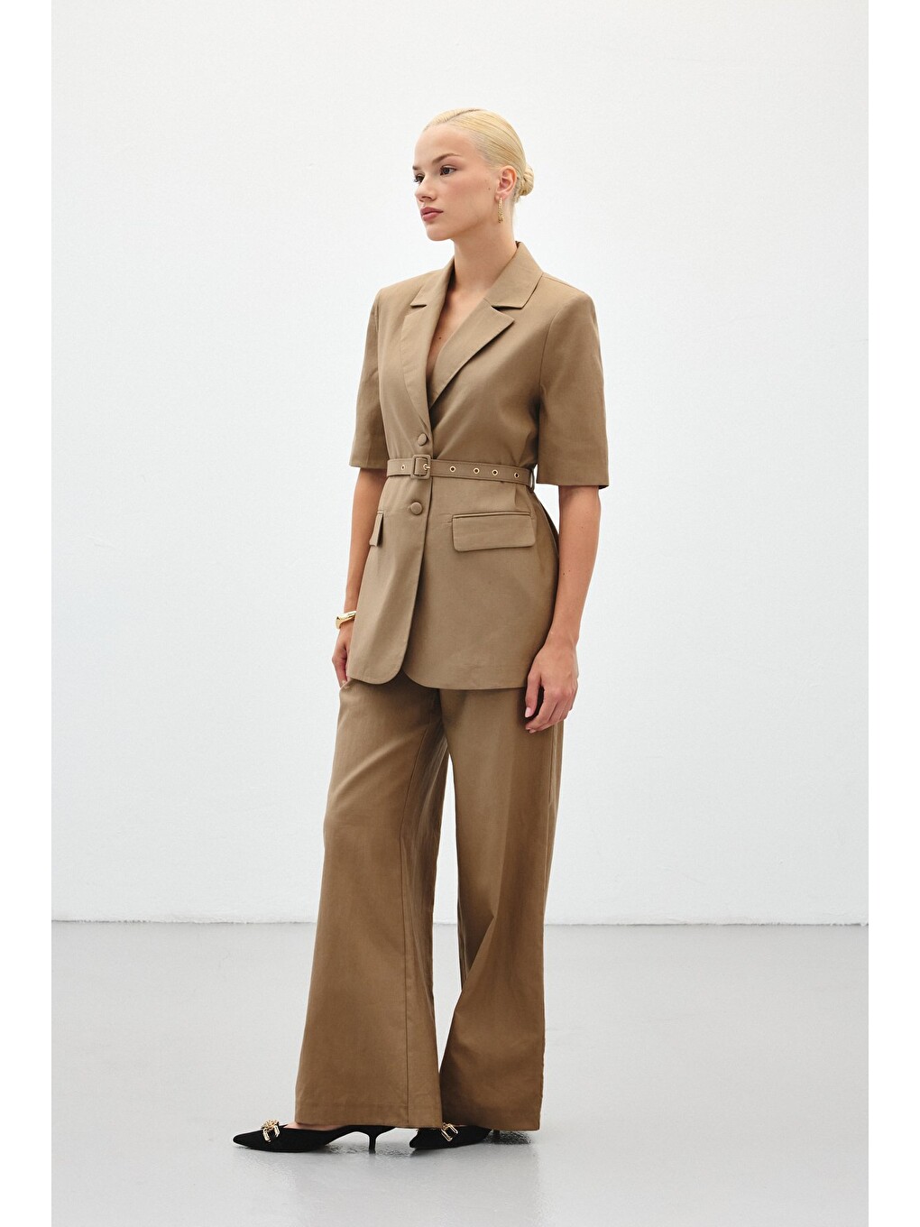 Kahverengi Bol Paça Keten Pantolon - Camel-4