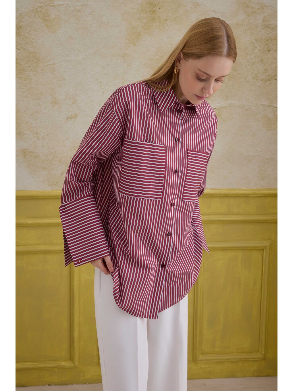Geniş Manşetli Çizgili Gömlek Bordo-1