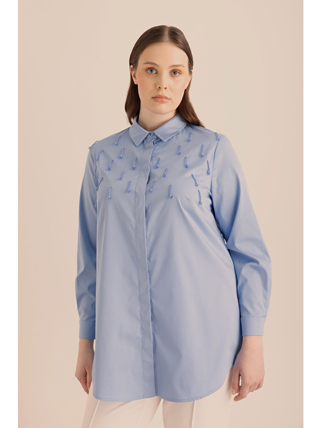 Mavi İşlemeli Pamuk Gömlek-5