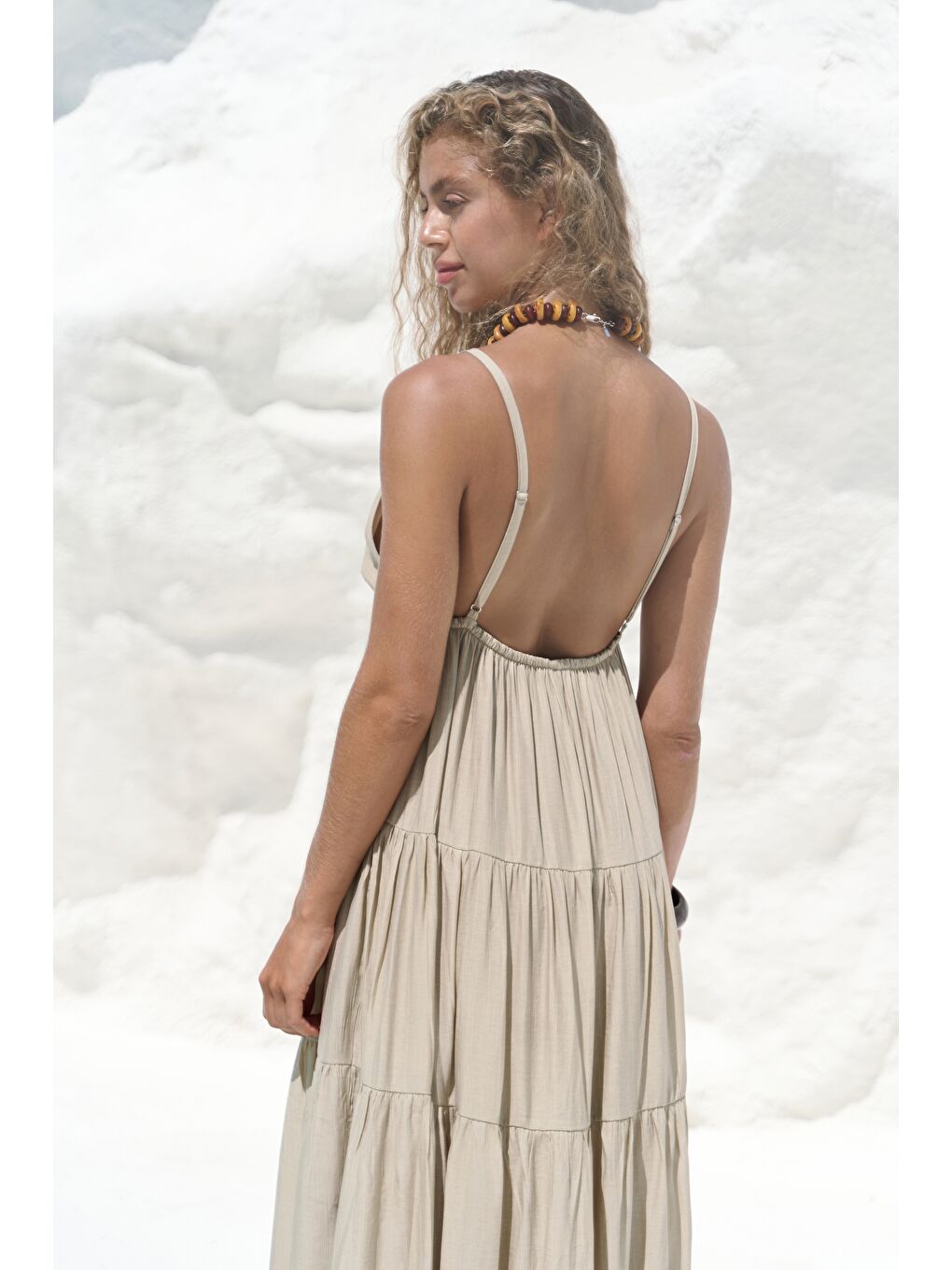 Siena Haki Askılı Uzun Elbise-4