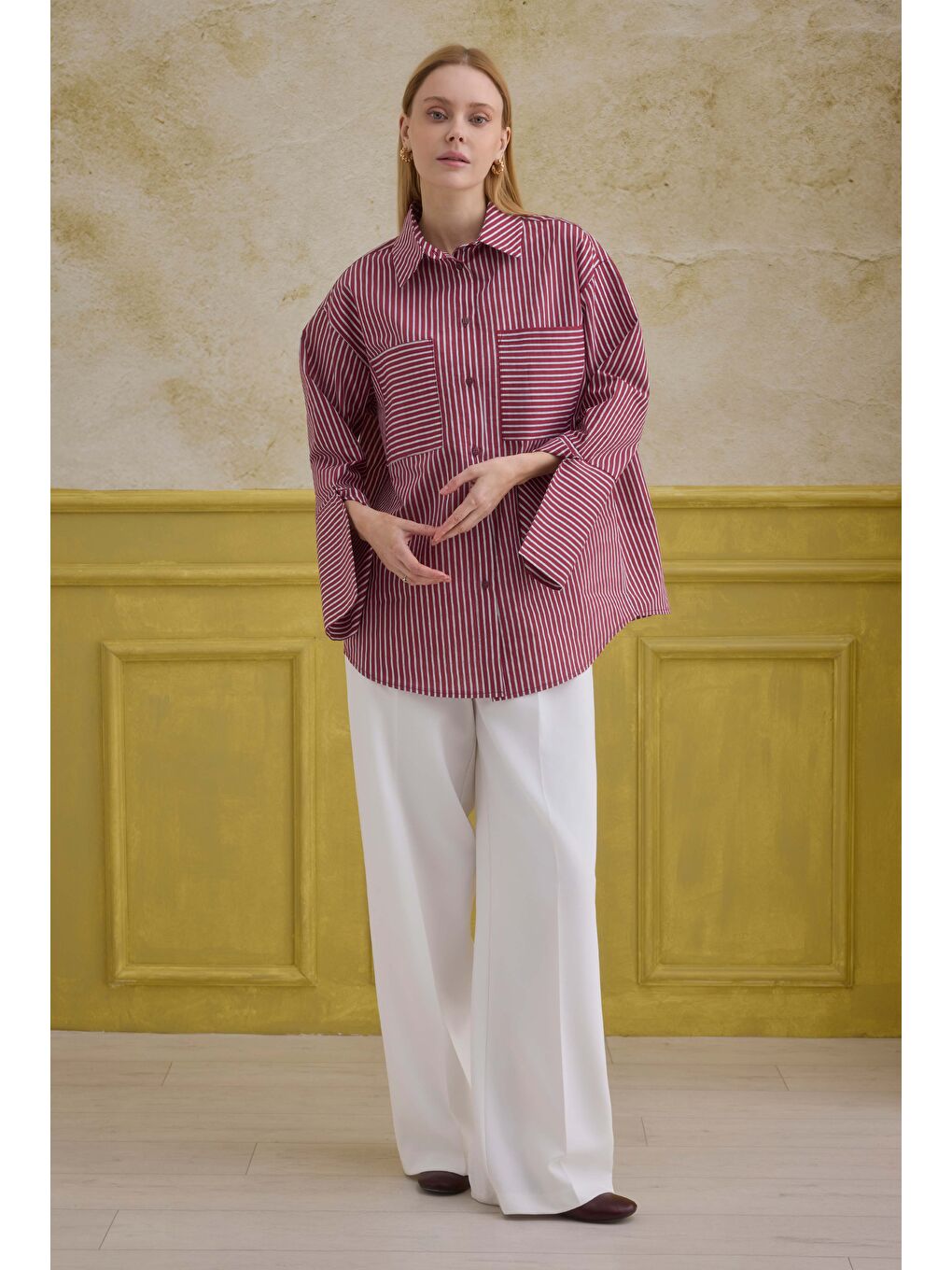 Geniş Manşetli Çizgili Gömlek Bordo-2