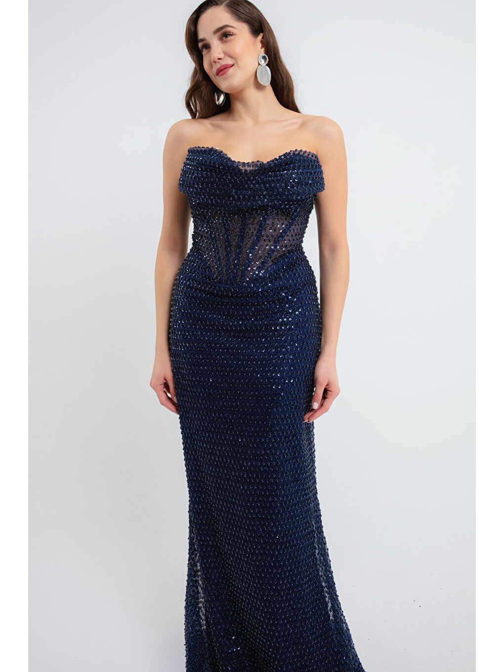 Kadın Lacivert Göğüs Drapeli Simli Uzun Abiye Elbise-2