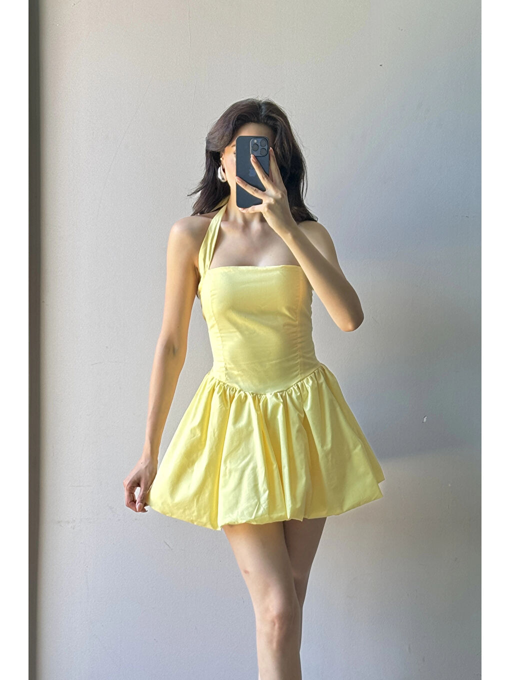 Kadın Sarı Bağlamalı Sırt Gipeli Balon Elbise 1026-221709-3