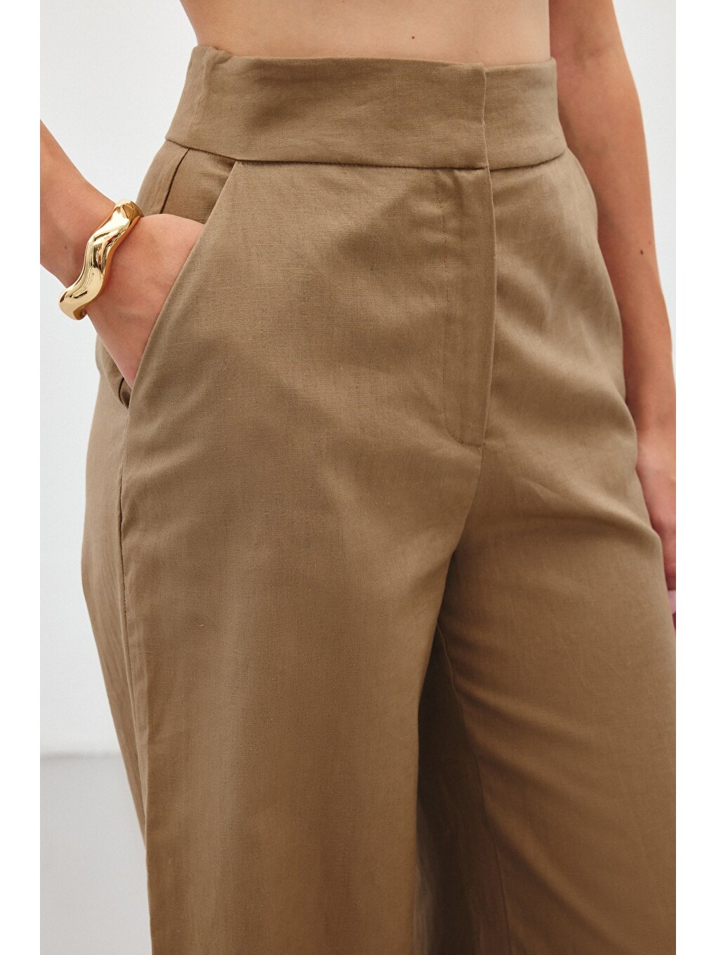 Kahverengi Bol Paça Keten Pantolon - Camel-5
