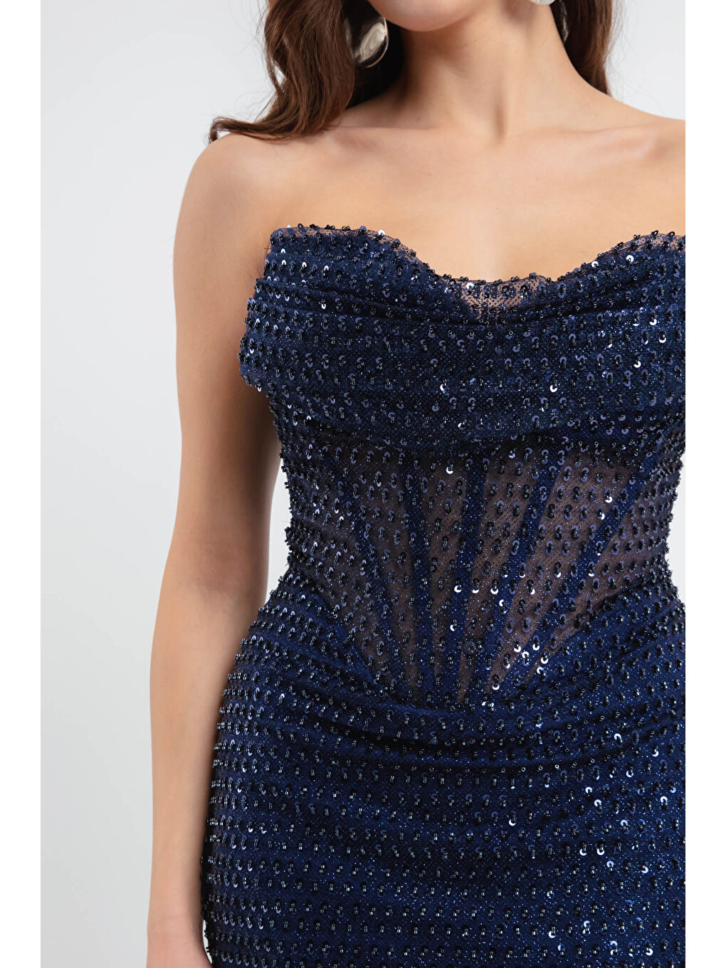 Kadın Lacivert Göğüs Drapeli Simli Uzun Abiye Elbise-3