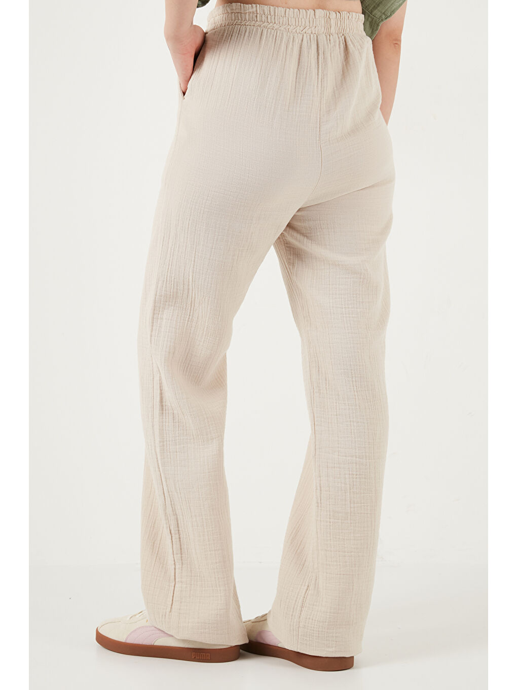 Bej Pamuklu Bağlamalı Relaxed Fit Yüksek Bel Geniş Paça Kadın Müslim Pantolon 5866663-6