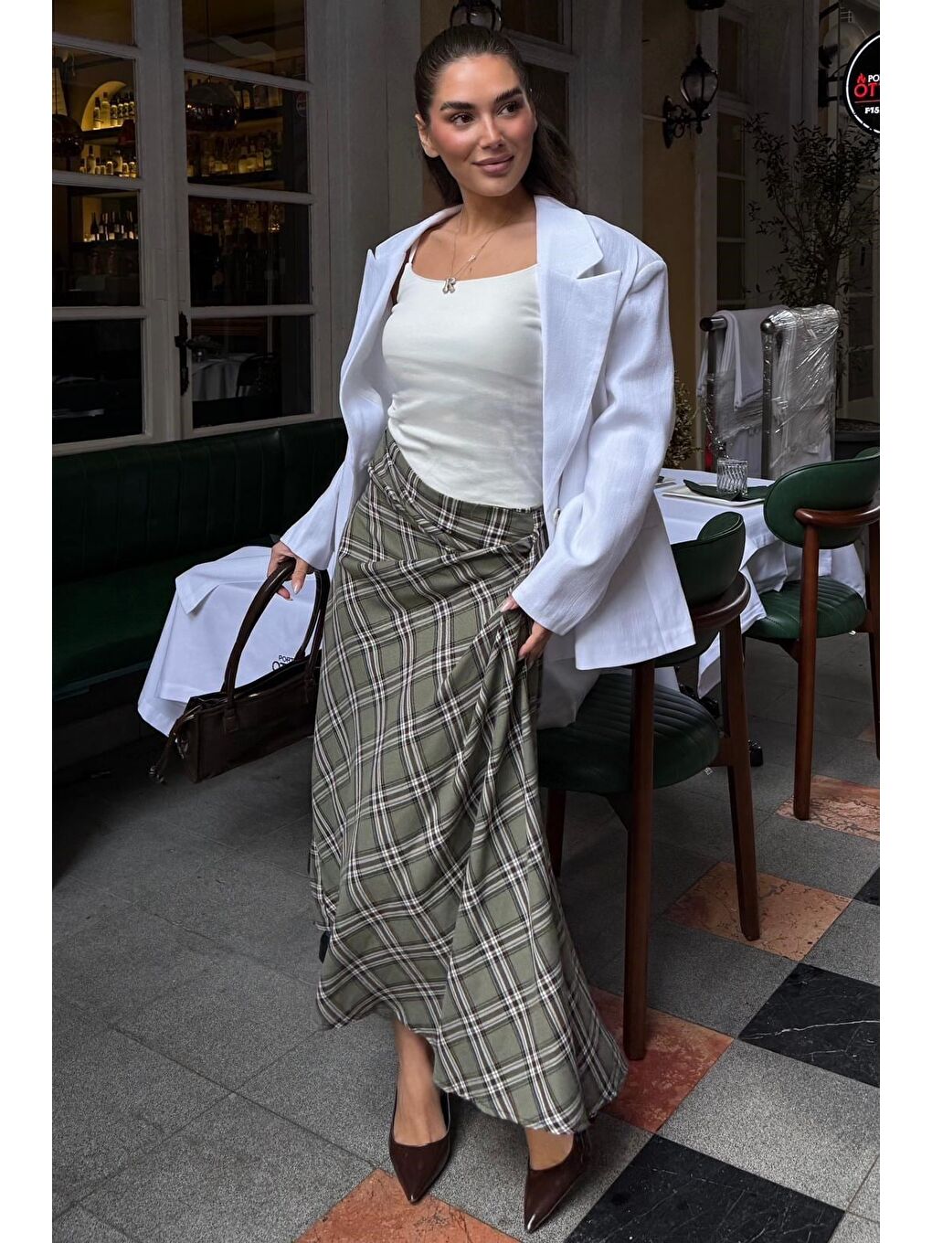 Yeşil Ekose Desenli Yırtmaç Detaylı Kruvaze Midi Kadın Etek Mg2690-3