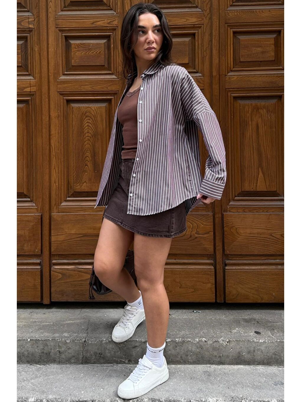 Kahverengi Çizgili Kadın Gömlek Mg2410-2