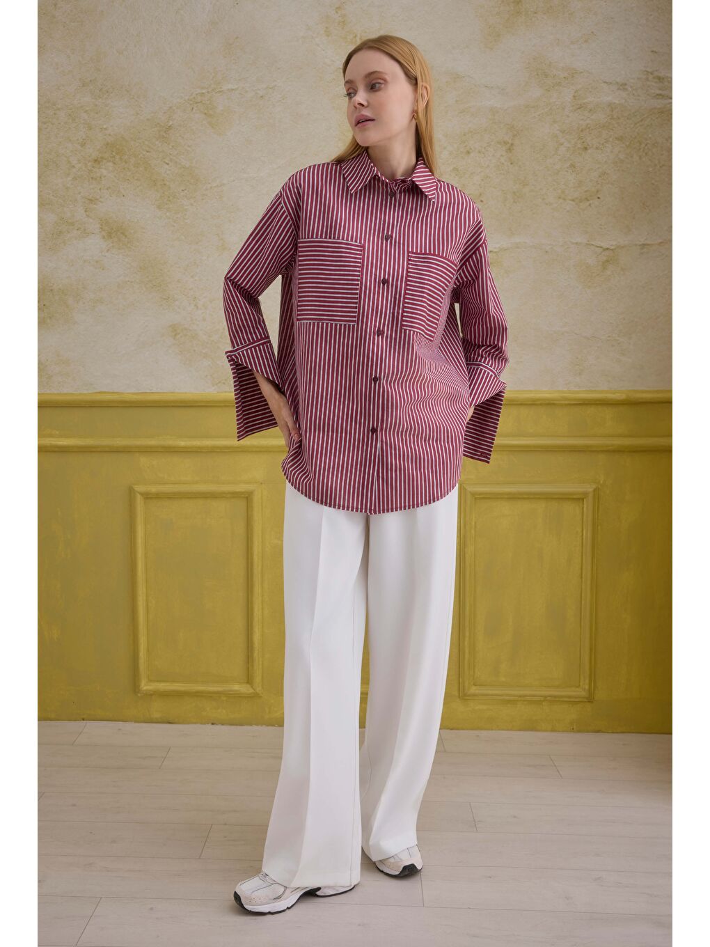 Geniş Manşetli Çizgili Gömlek Bordo-3