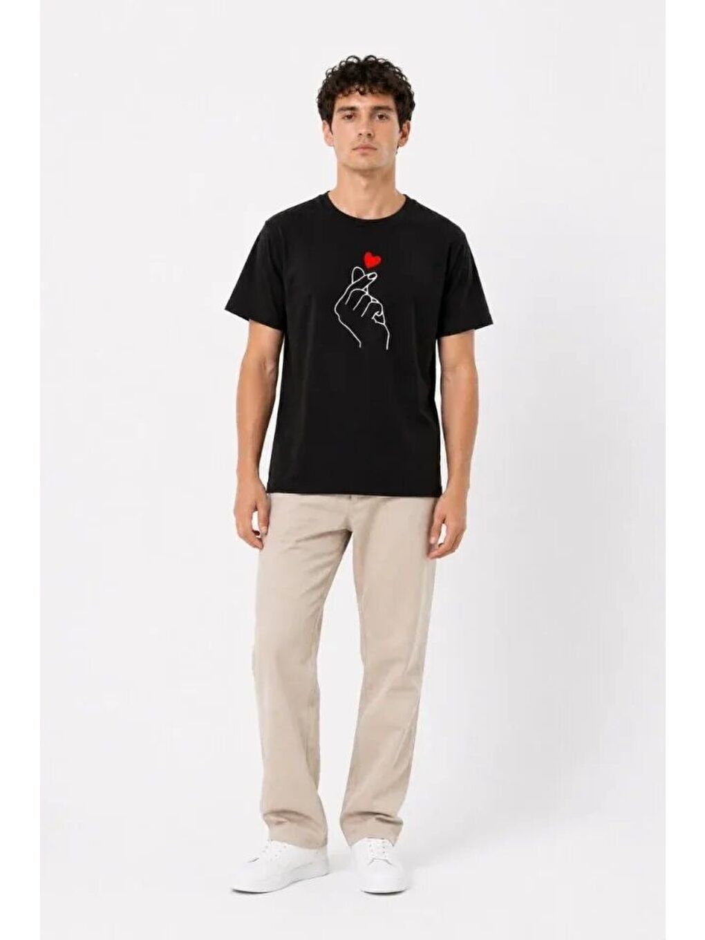 Erkek Kore Parmak Kalp Aşk Temalı Minimal Baskılı Tişört Yazlık Kısa Kol T-Shirt - Siyah-2