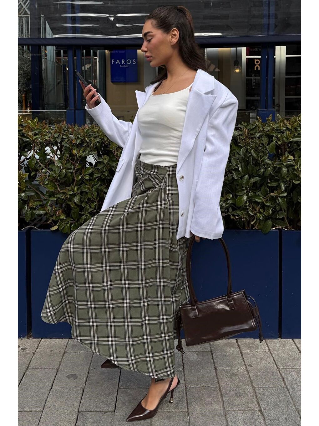 Yeşil Ekose Desenli Yırtmaç Detaylı Kruvaze Midi Kadın Etek Mg2690-4