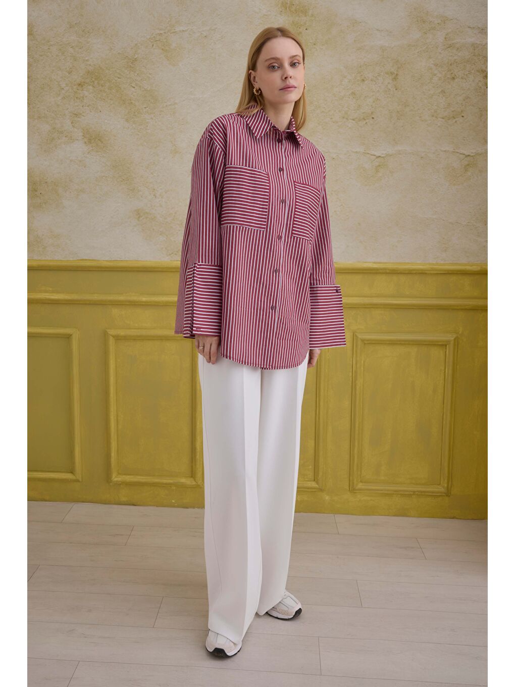 Geniş Manşetli Çizgili Gömlek Bordo-4
