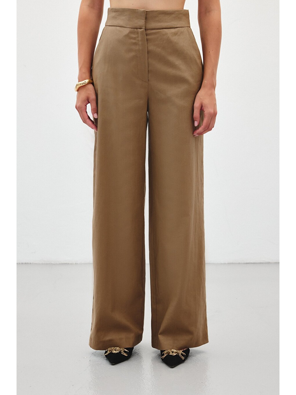 Kahverengi Bol Paça Keten Pantolon - Camel-6