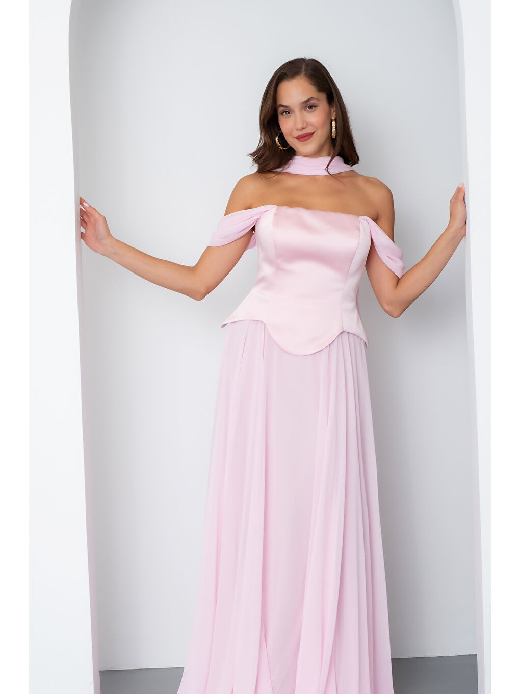 Pembe Kadın Pudra Şal Yaka Straplez Söz Nişan Abiye Elbise-2