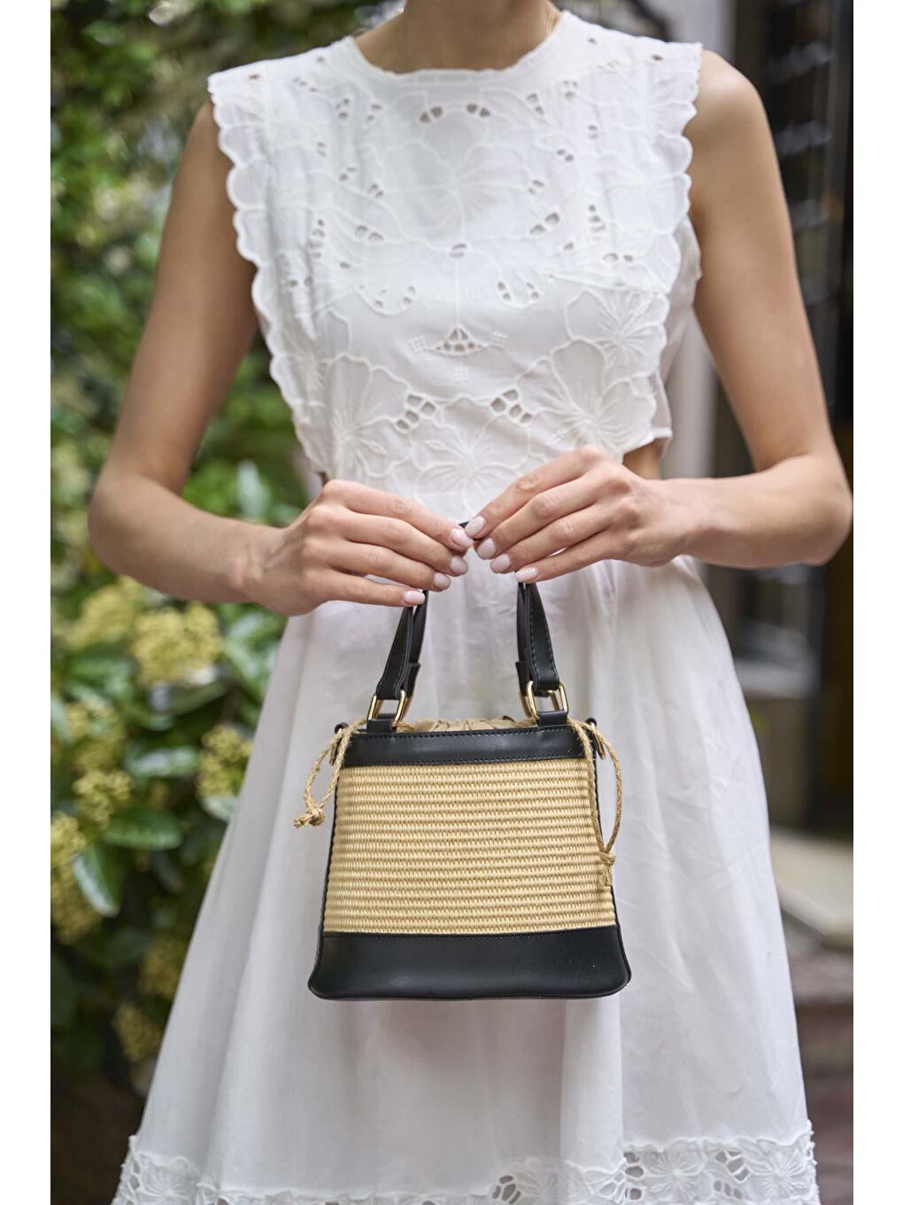 Bohem Tarzı Kova El Ve Omuz Çantası Siyah Hasır-2