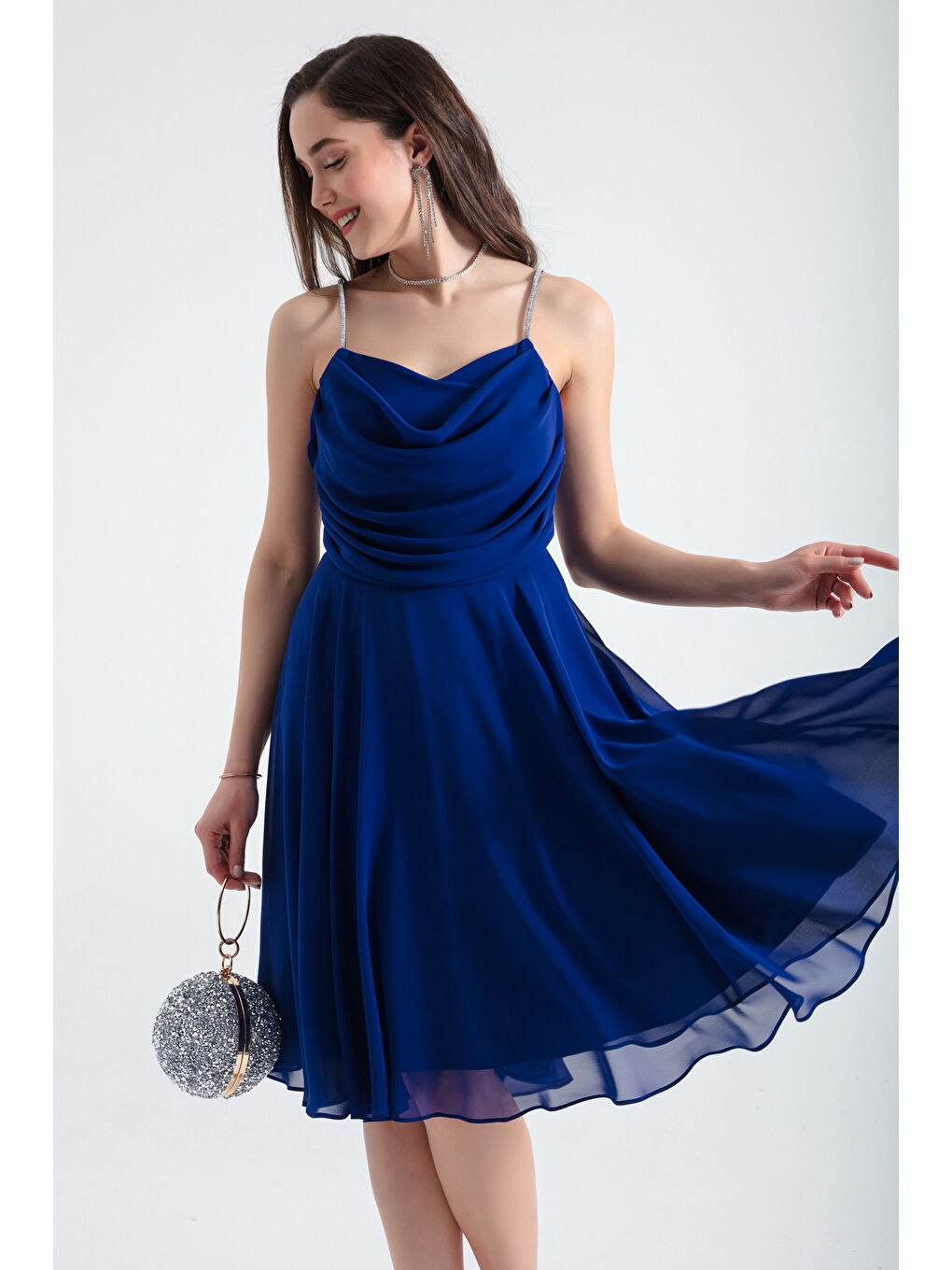 Mavi Kadın Saks Taş Askılı Midi Abiye Elbise-1