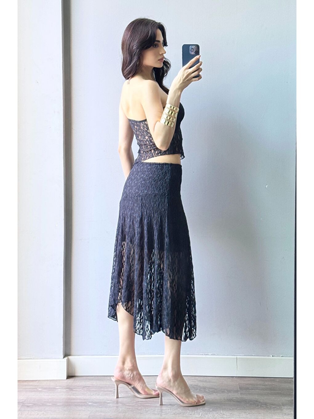 Kadın Siyah Dantel Crop Etek Takım 1026-221725-3