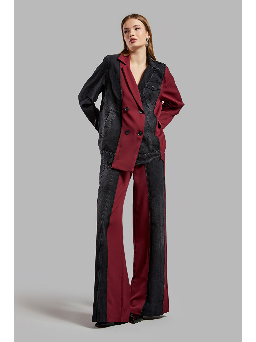 Kadın Bordo Renk Denim Kumaş Karışımlı Kruvaze Tasarım Ceket-1