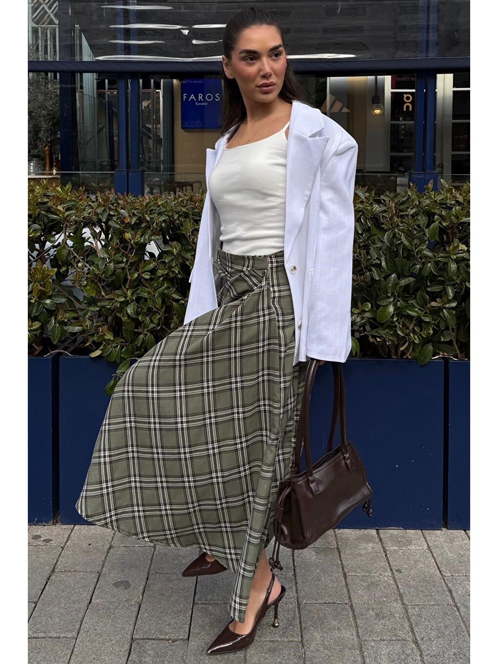 Yeşil Ekose Desenli Yırtmaç Detaylı Kruvaze Midi Kadın Etek Mg2690-5