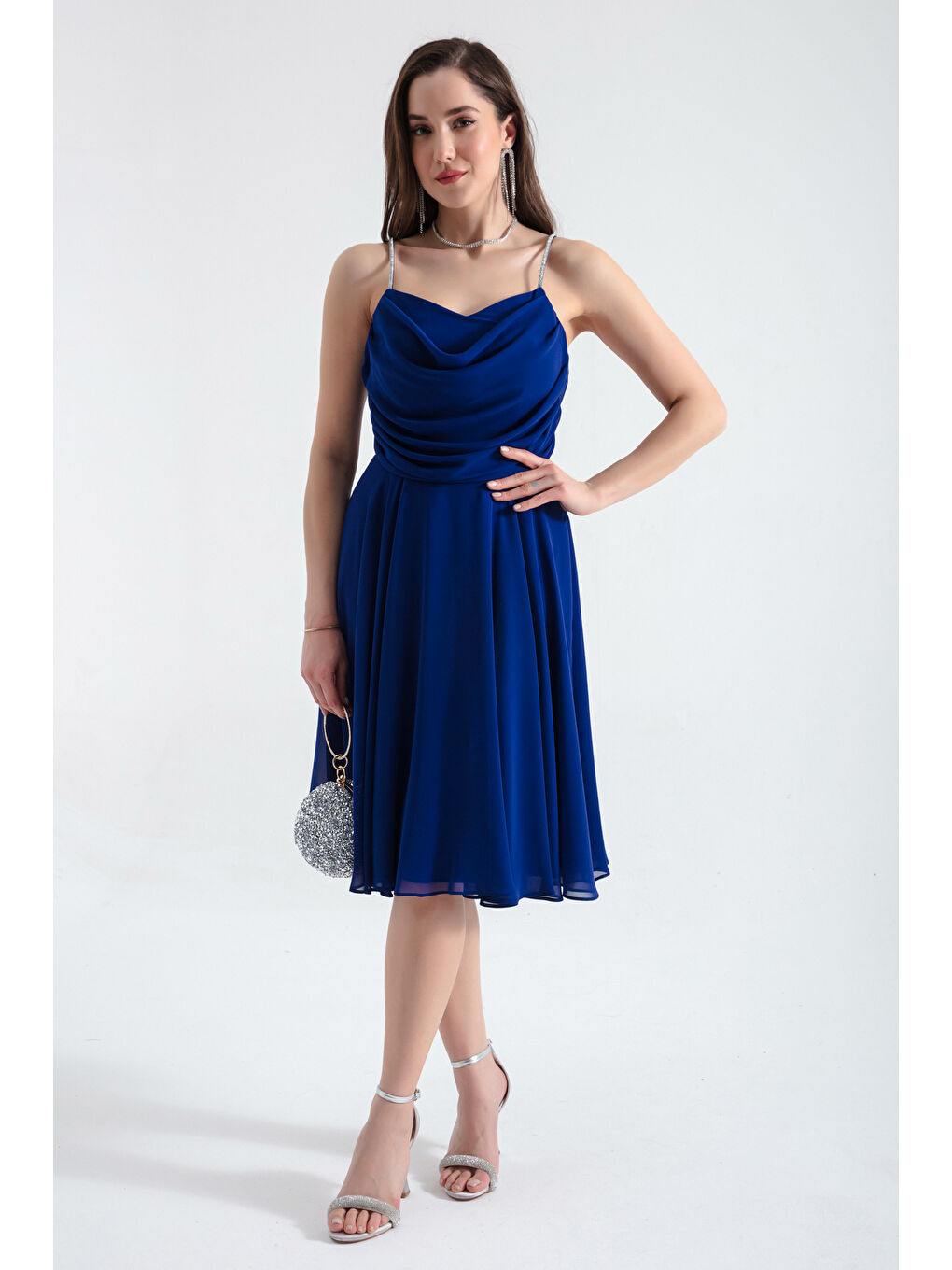 Mavi Kadın Saks Taş Askılı Midi Abiye Elbise-2