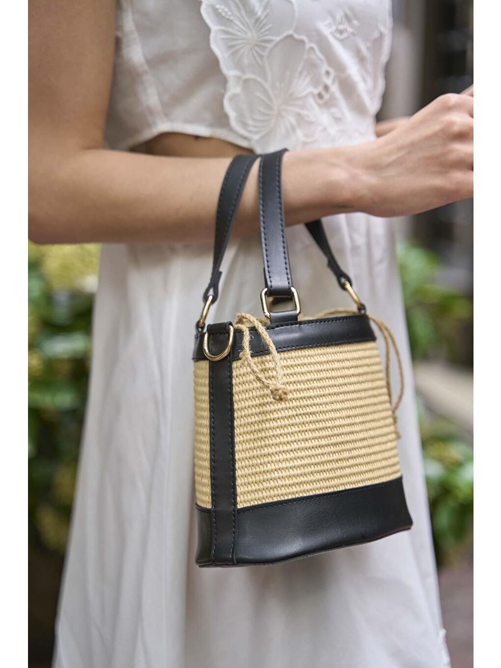 Bohem Tarzı Kova El Ve Omuz Çantası Siyah Hasır-4