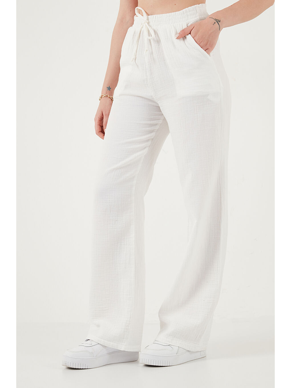 Ekru Pamuklu Bağlamalı Relaxed Fit Yüksek Bel Geniş Paça Kadın Müslim Pantolon 5866663-5