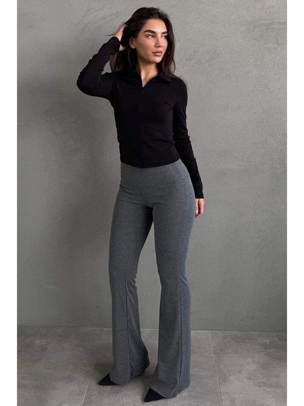 Antrasit Yüksek Bel Flare Paça Spor Kadın Tayt Mg2789