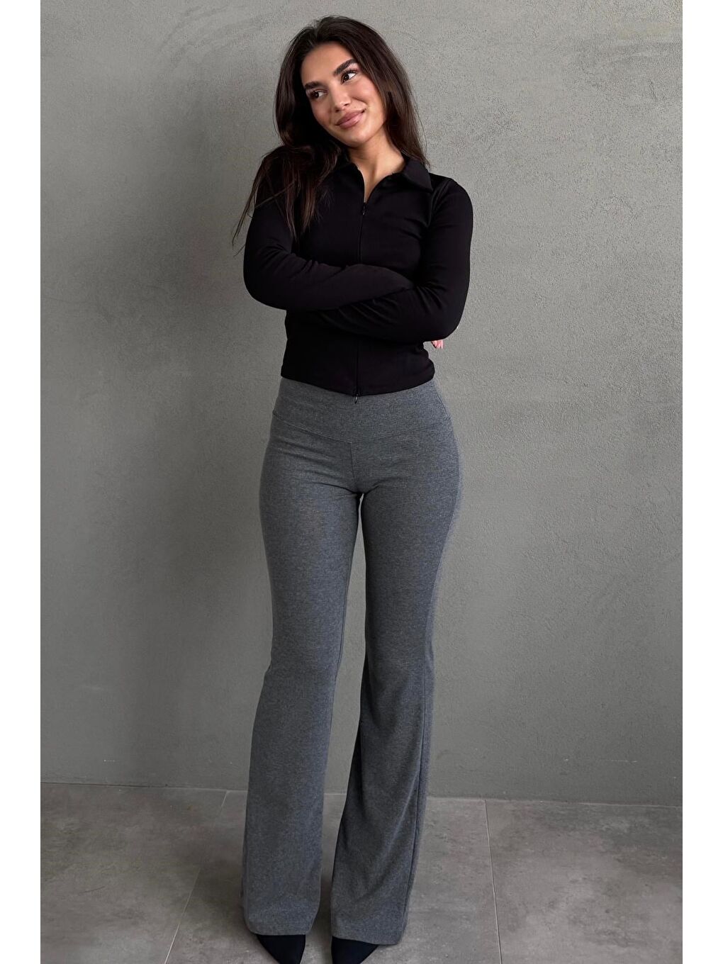 Antrasit Yüksek Bel Flare Paça Spor Kadın Tayt Mg2789-1