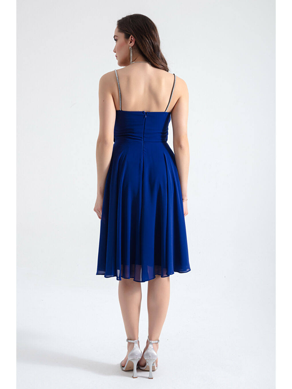 Mavi Kadın Saks Taş Askılı Midi Abiye Elbise-4