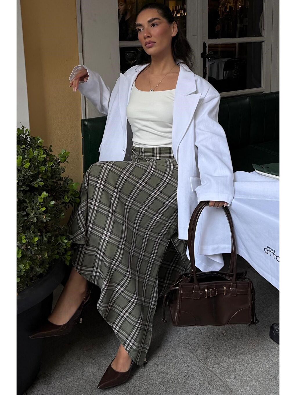 Yeşil Ekose Desenli Yırtmaç Detaylı Kruvaze Midi Kadın Etek Mg2690-6