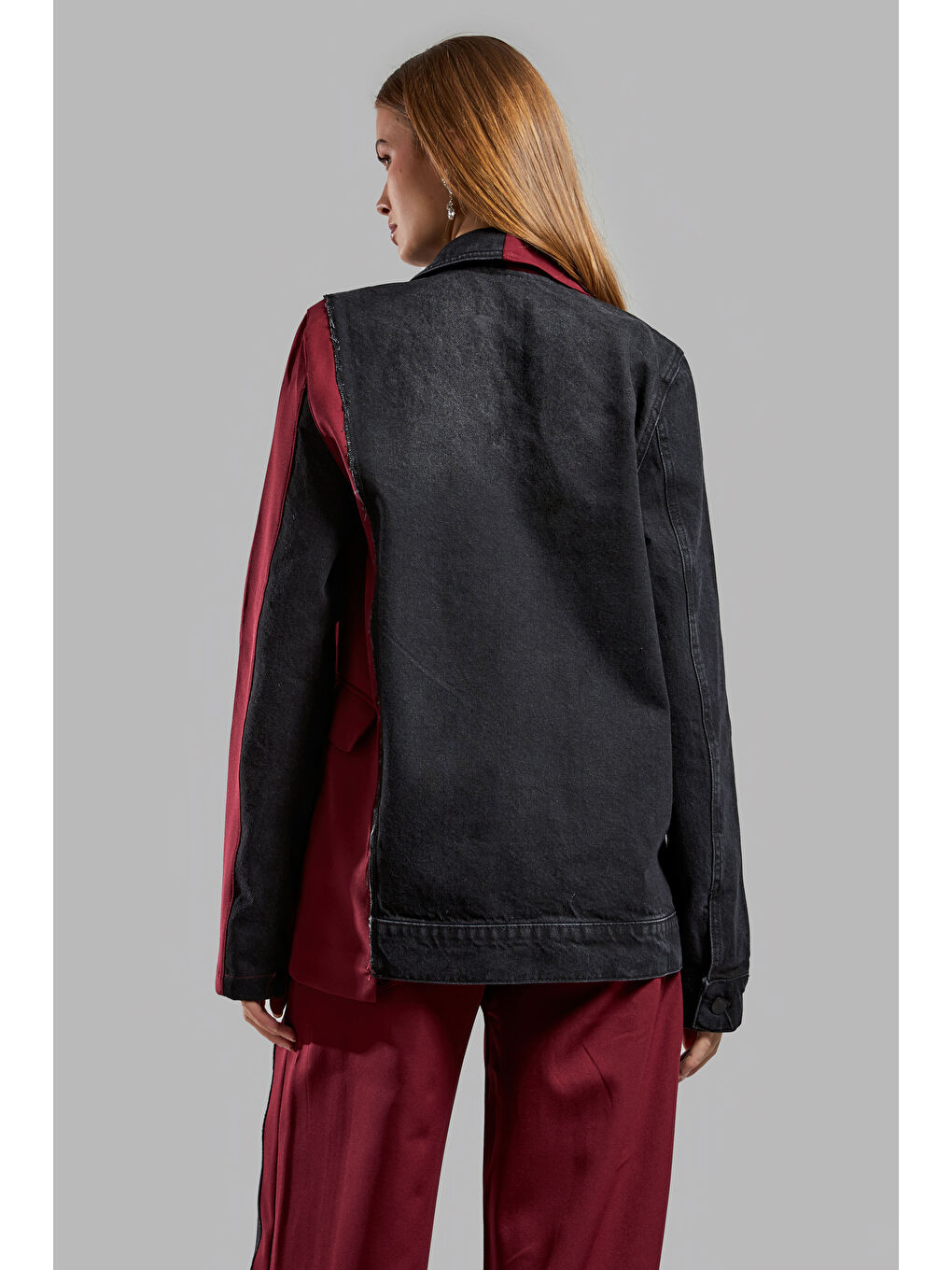 Kadın Bordo Renk Denim Kumaş Karışımlı Kruvaze Tasarım Ceket-3
