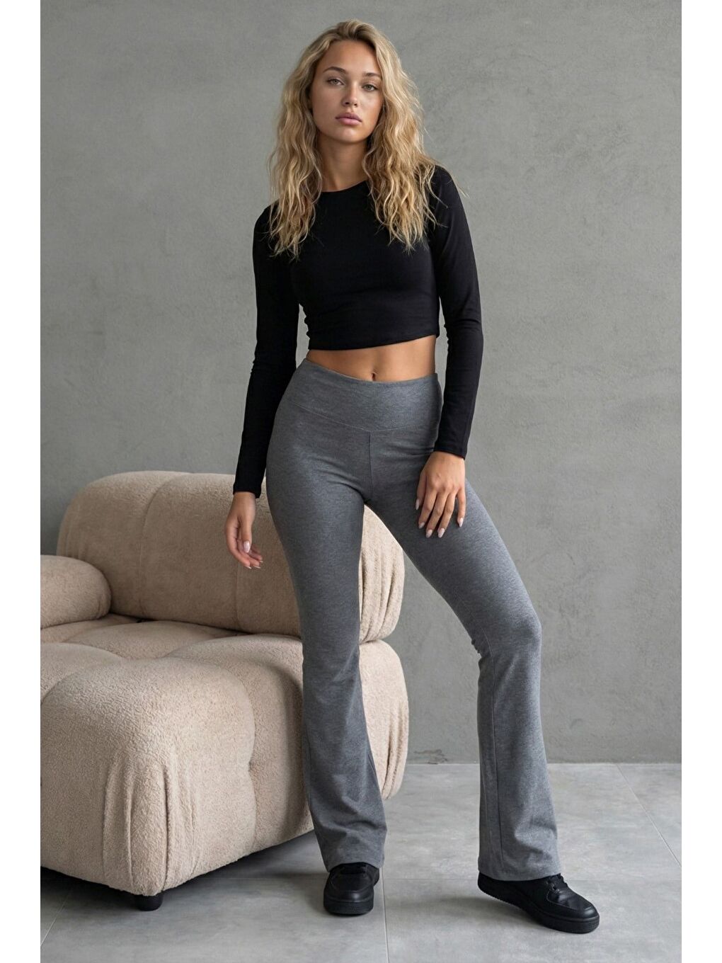 Antrasit Yüksek Bel Flare Paça Spor Kadın Tayt Mg2789-2
