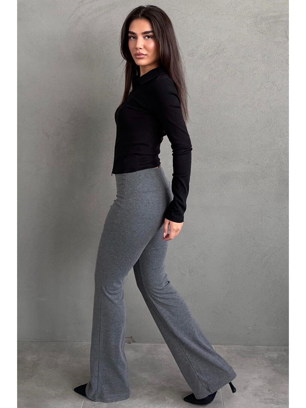 Antrasit Yüksek Bel Flare Paça Spor Kadın Tayt Mg2789-3