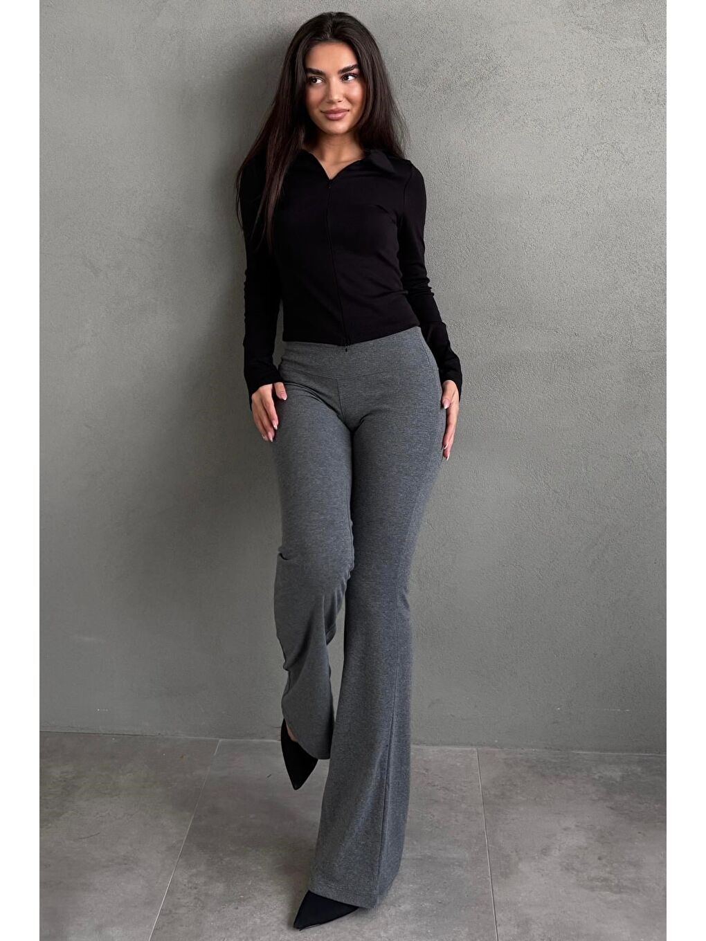 Antrasit Yüksek Bel Flare Paça Spor Kadın Tayt Mg2789-4