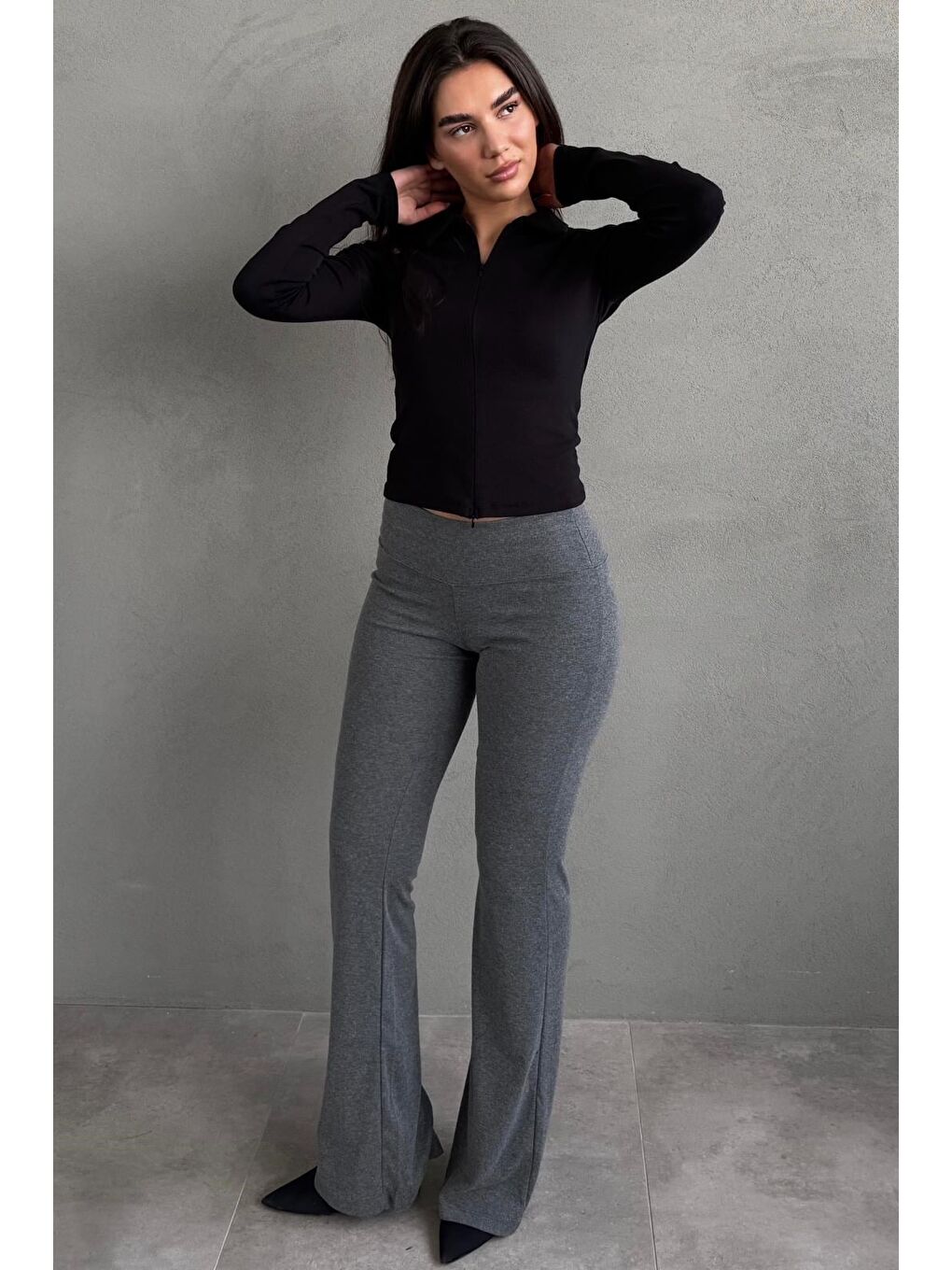 Antrasit Yüksek Bel Flare Paça Spor Kadın Tayt Mg2789-5