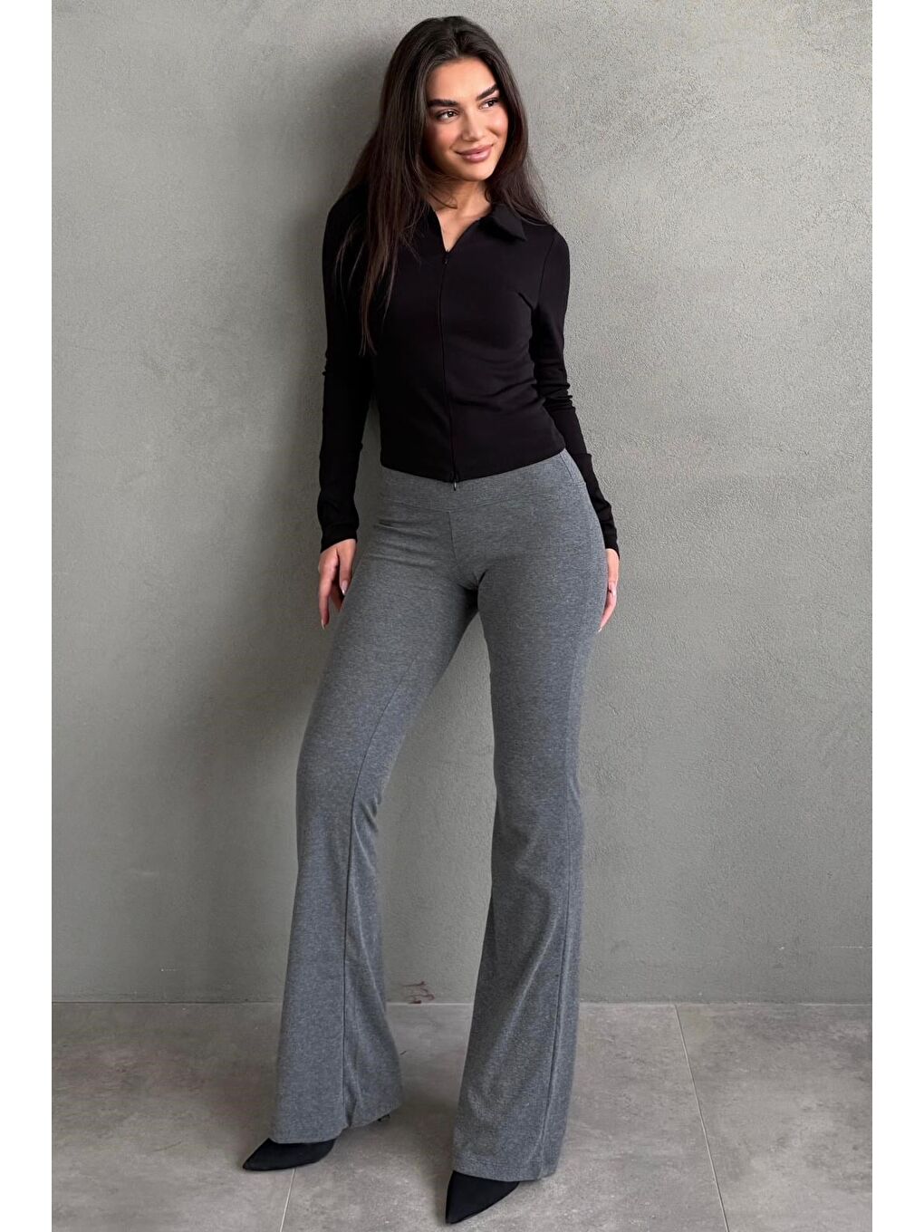 Antrasit Yüksek Bel Flare Paça Spor Kadın Tayt Mg2789-6