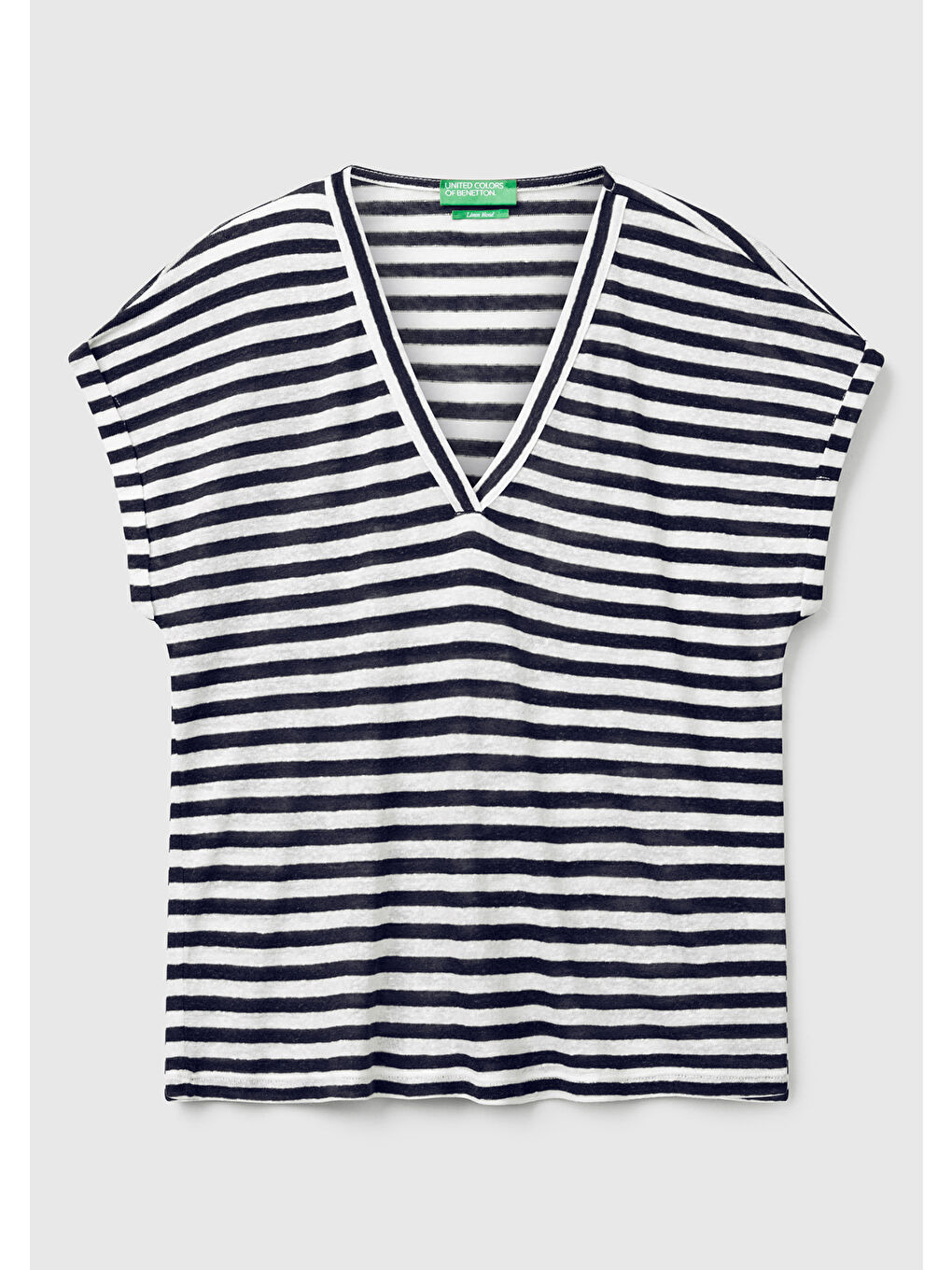 Kadın Lacivert Mix Keten Karışımlı Rahat Kalıp Çizgili V Yaka T-Shirt-1