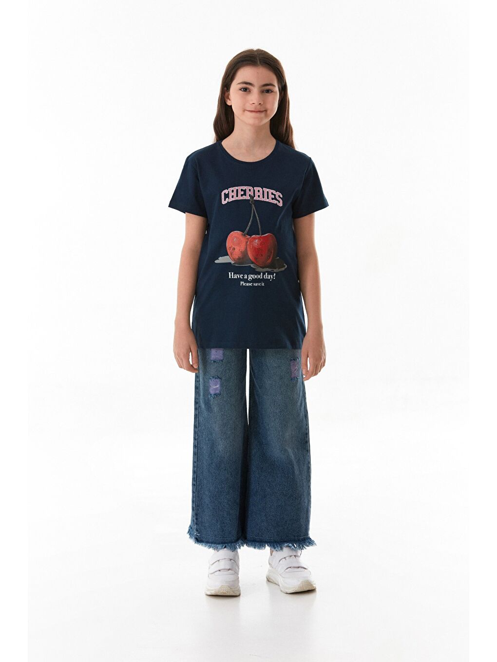 Lacivert %100 Pamuk Kiraz Baskılı Bisiklet Yaka Kız Çocuk Tişört