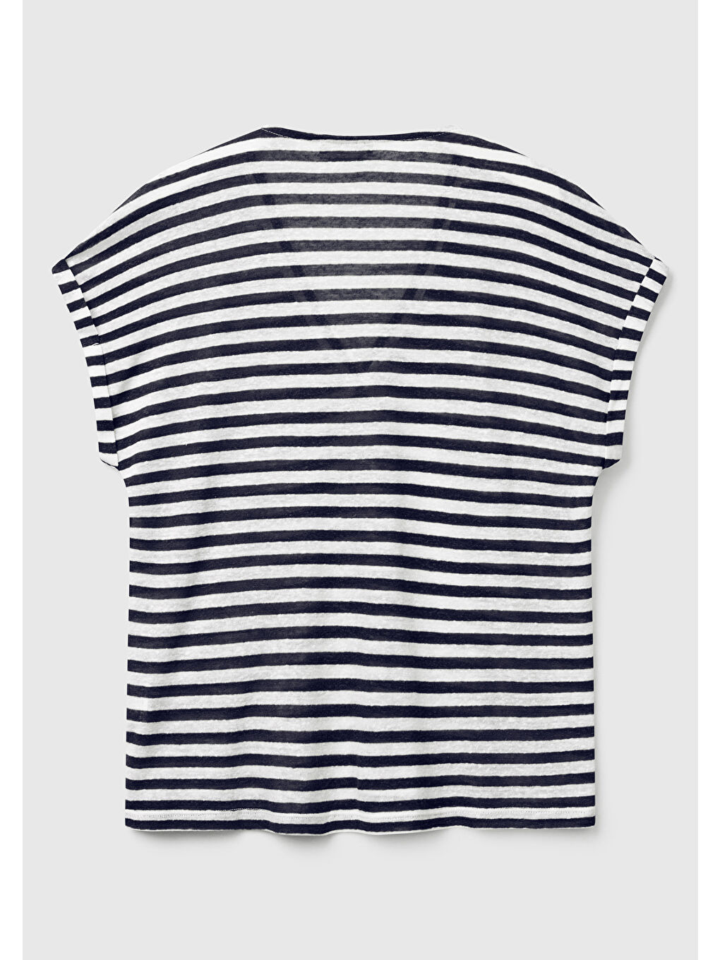 Kadın Lacivert Mix Keten Karışımlı Rahat Kalıp Çizgili V Yaka T-Shirt-3