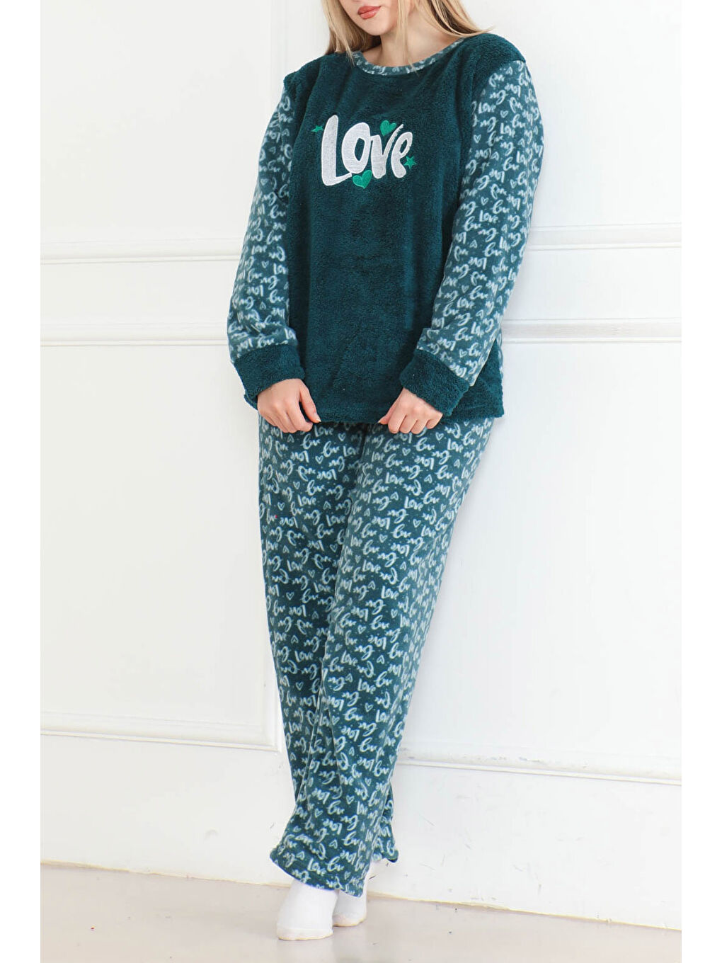 Nakışlı Pelüş Polar Pijama Takım Petrol   26642-1