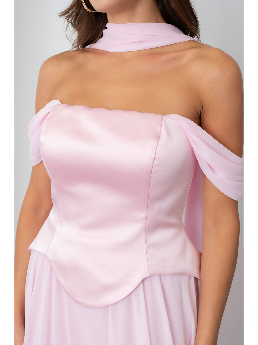 Pembe Kadın Pudra Şal Yaka Straplez Söz Nişan Abiye Elbise-3