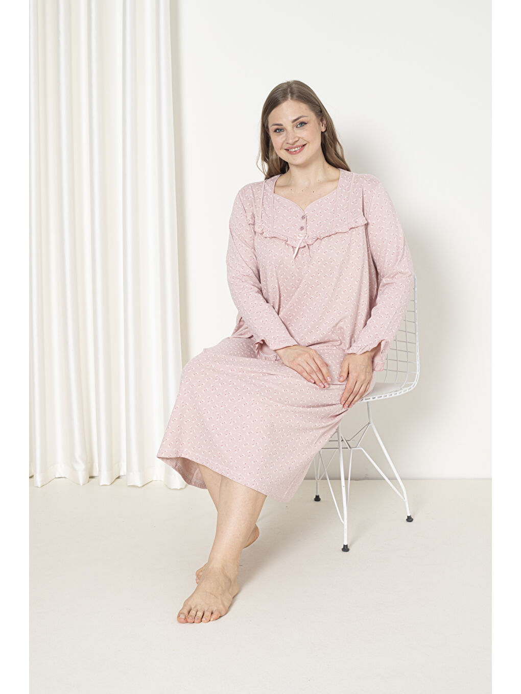 Pembe %100 Pamuklu Mevsimlik Uzun Kol Penye Büyük Beden Anne Gecelik 180-3