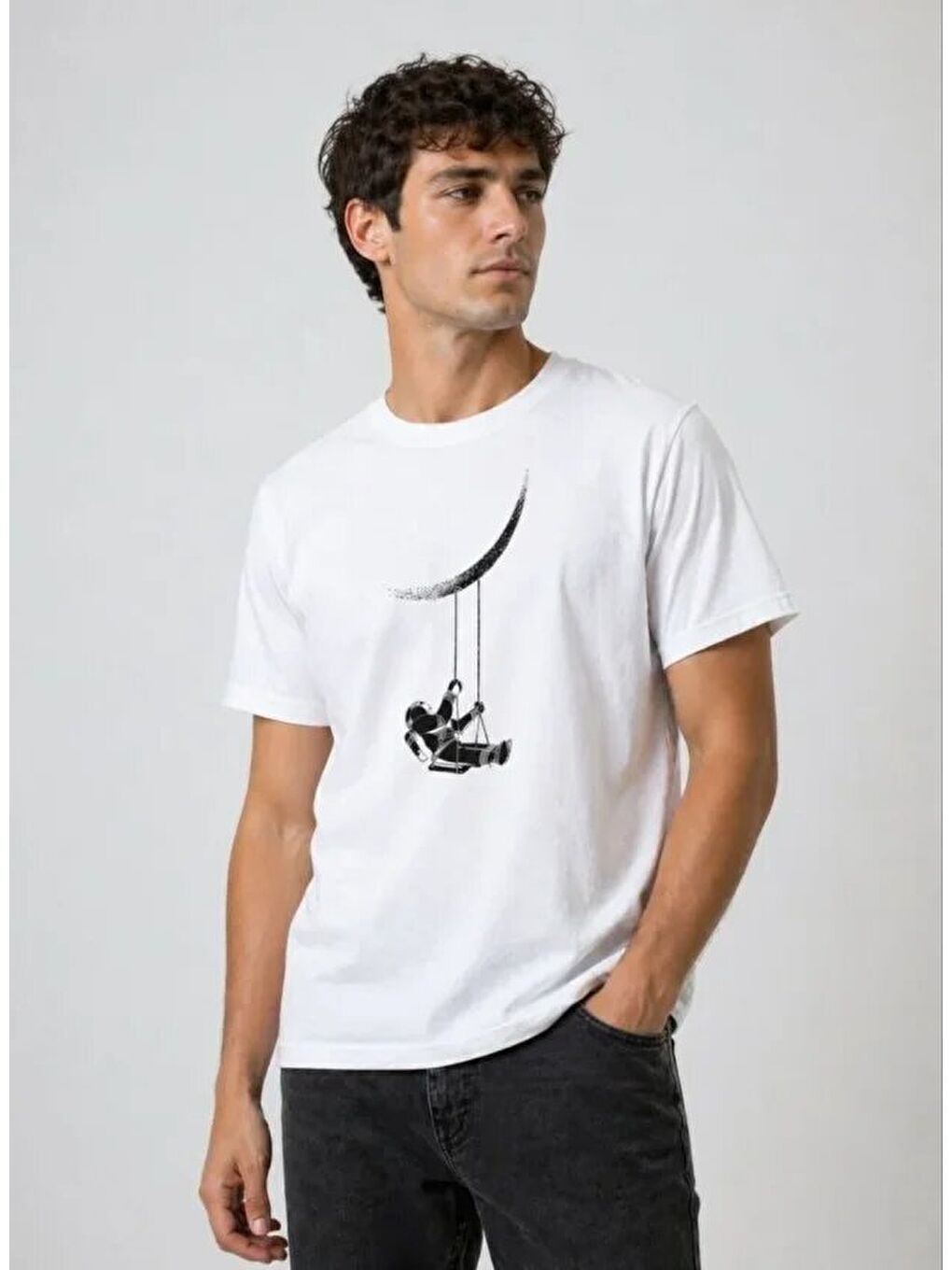 Beyaz Erkek Astronot Ay Temalı Tişört