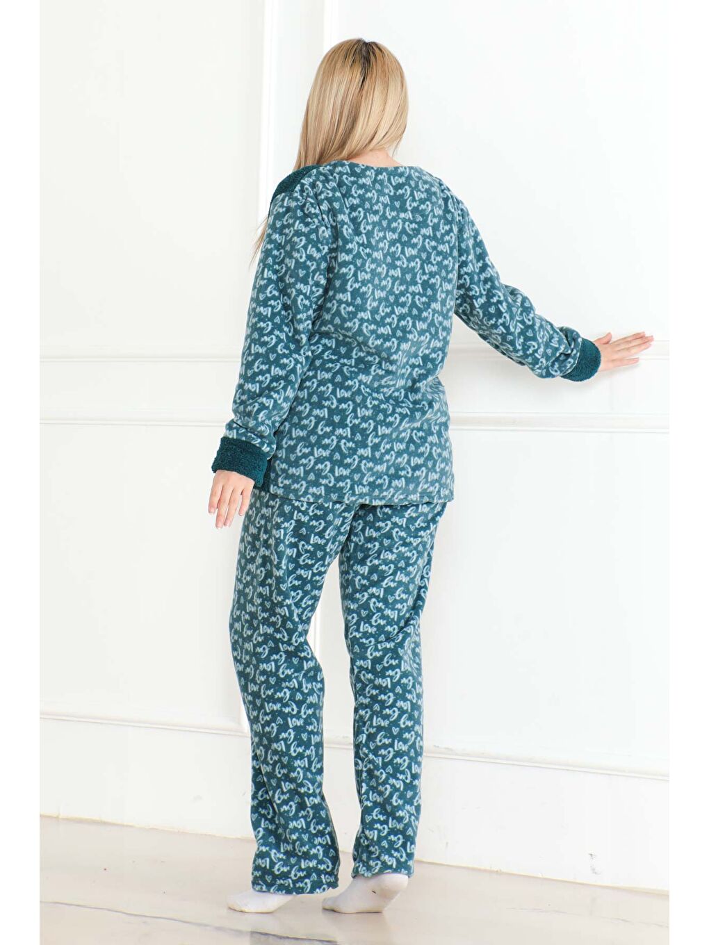 Nakışlı Pelüş Polar Pijama Takım Petrol   26642-3